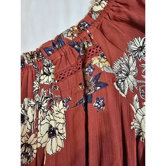 Angie Rust Floral Print Off-Shoulder Romper With Bell Sleeves & Waist Tie Size M - Picture 6 of 15